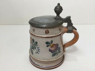 Antique German Handpainted Pottery Beer Stein With Pewter Lid,  6 " Tall X 5 1/2 "