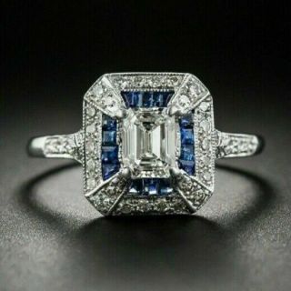 Antique Art Deco 2.  30 Ct Diamond / Sapphire In 14k White Gold Fn Engagement Ring