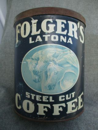 Antique Vintage Folgers Latona Steel Cut Coffee Tin 3 Lb Can W Horse Graphics