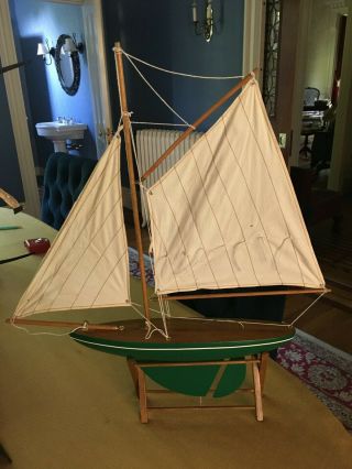 Gorgeous Wooden Pond Yacht Model Sailboat,  Steel Keel,  On Stand 22 " X 24 1/2 "