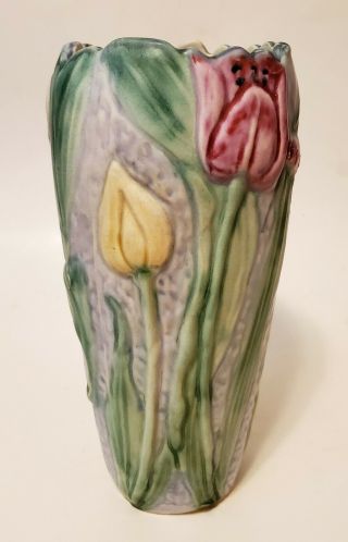 Antique Weller Silvertone Pottery 10 " Tulip Vase Signed Lenore Asbury 1 Of 2