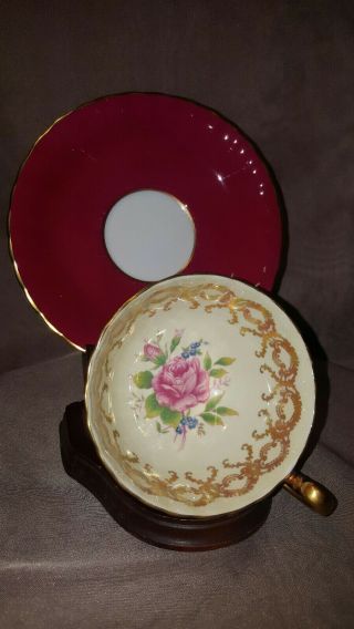 Vintage Aynsley Red Teacup And Saucer With Cabbage Rose Made In England