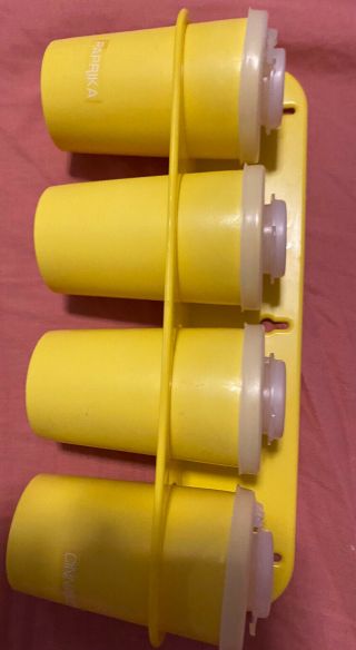 Vintage Tupperware Spice Rack And 4 Shakers With Lids Yellow Wall Mount