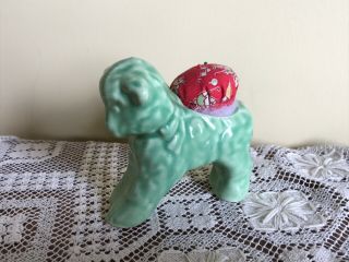 Vtg Ceramic Sewing Pin Cushion Green Glaze Little Lamb W/ Bow.  Croquet Fabric