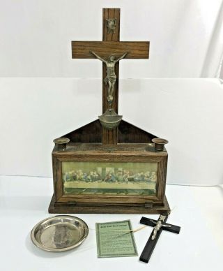 Antique Catholic Last Rites Sick Call Box Crucifix Viaticum Oak Wood Last Supper