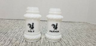 Vintage Milk Glass Salt Pepper Shakers Black Rooster Oliver Oil Advertising