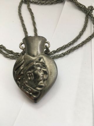 Vintage Art Nouveau Lady Face Necklace Chain Silver Tone Metal Heart Vase Urn