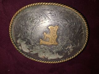 Vintage Montana Silversmiths " F " Belt Buckle Sterling Silver With Gold Trim