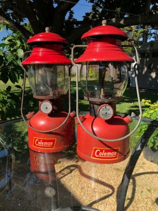 Vintage Coleman Red 200a Lantern June 1952 Pyrex Globe Sunshine Of The Night