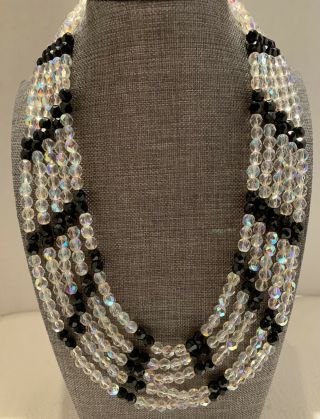 Vintage 5 Strand Clear And Black Crystal Necklace