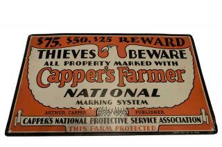 Vintage Cappers Farm Sign Farming Farmer Antique Warning Tin Tacker Barn Gate