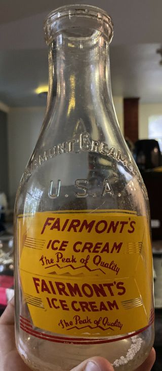 Vintage Fairmont Creamery Co Better Butter Ice Cream Glass One Quart Milk Bottle