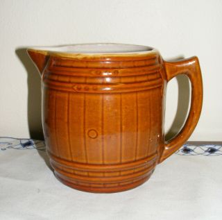 Vintage Uhl Pottery Brown Barrel Stoneware Pitcher Marked Uhl Huntingburg Ind