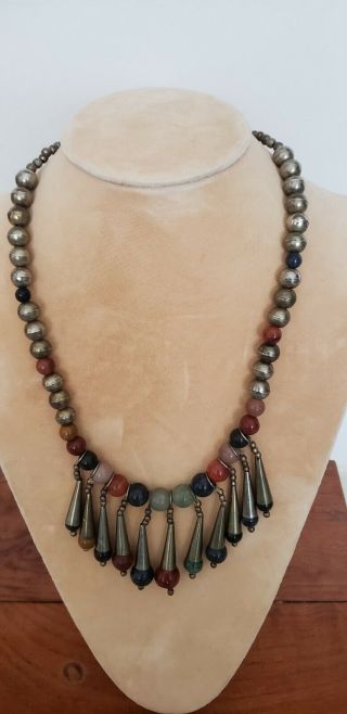 Vintage Tribal/ethnic Necklace With Silver And Natural Stones Beads