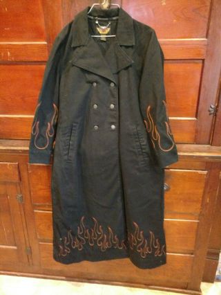 Harley Davidson Long Duster Coat With Embroidered Flames Ladies Large
