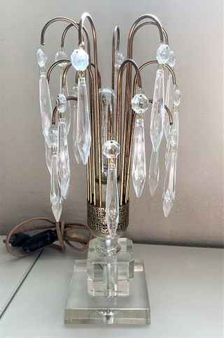 Antique Art Deco Hollywood Regency Crystal Glass Prisms Waterfall Table Lamp