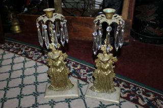 Antique Victorian Candlestick Holders Pair Woman In Dress Hanging Crystals