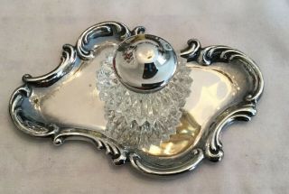Antique Sterling Silver And Glass Inkwell