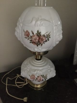 Vintage Gone With The Wind Parlor Lamp Embossed Roses Milk Glass Floral 3 Way