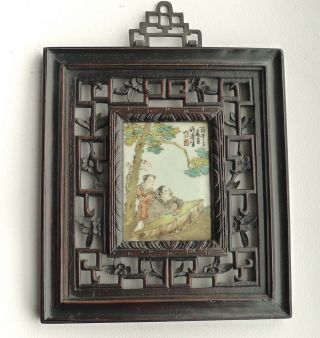 Old Chinese Hand Painted Porcelaintile / Plaque Mounted In Rosewood Frame Signed