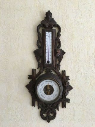 Antique French Wall Black Forest Barometer Thermometer Carved Wood Xixth Century