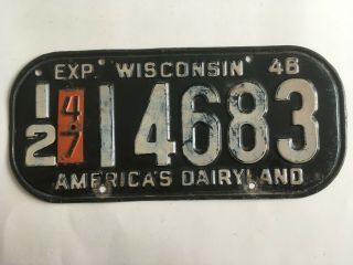 1947 Wisconsin License Plate Metal Year Tab On Dated 1946 Base Plate