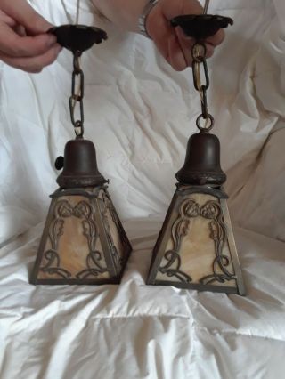 2 Matching Pair Antique Arts & Crafts Mission Hanging Light Fixture Slag Glass