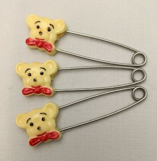 3 Vintage Gerber Teddy Bear Diaper Pins