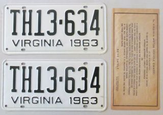 Virginia 1963 License Plate Pair - Quality Th13 - 634