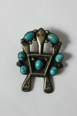 Vintage Antique Native American Indian Sand Cast Silver And Turquoise Brooch