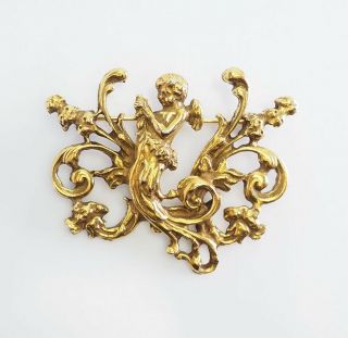 Vintage Ornate Gold Tone Metal Cherub Angel Baroque Brooch Pin By Accessocraft