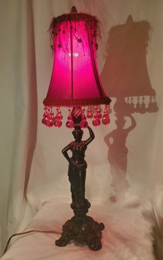 Vtg Figural Lady Cast Metal Art Nouveau Table Lamp Deco Beaded Shade Neo Classic
