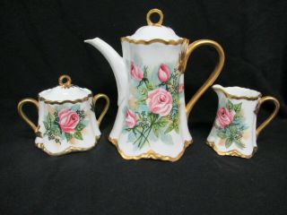 Antique Hutschenreuther Selb Bavaria Germany 3 Piece Hand Painted Rose Tea Set