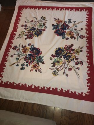 Gorgeous Vintage Red Blue Yellow Green Floral Flowers Tablecloth Summer Picnic