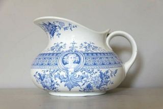 Antique French Porcelain Pitcher,  Blue And White Transferware Jug,  1800s