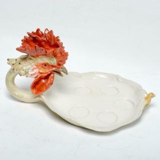 Antique Continental Figural Rooster Head Porcelain Egg Plate