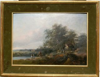 19th Cent.  English School Cattle Watering At The Farmstead Antique Oil Painting