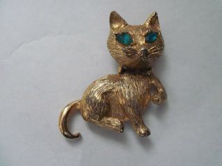 Vintage 2 " Cat Brooch With Blue/green Glass Eyes - Gold Tone Textured Kitty Pin