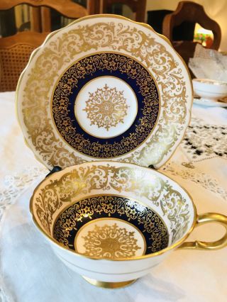 Vintage Paragon Bone China Teacup & Saucer Cobalt Blue Rich Gold