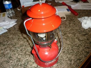 Vintage 2/79 Red Coleman 200a Kerosene Camping Lantern W/ Pyrex Globe