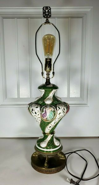 Vintage Italian Capodimonte Porcelain Lamp White Green Gilded Footed Brass Base