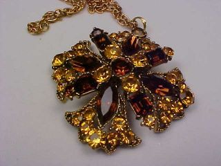 Vintage Goldtone & Amber/root Beer Rhinestone Maltese Cross Necklace/pendant