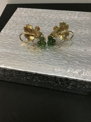 Vintage Signed Krementz Gold Filled Earrings With Cluster Of Jades Grape Leaves