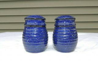 Vintage Blue Speckled Stoneware/ Ceramic Salt & Pepper Shakers