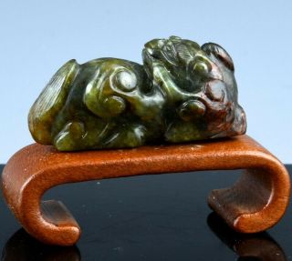 Old Chinese Carved Spinach Jade Beast Lion Grasping Lotus Pendant Figure