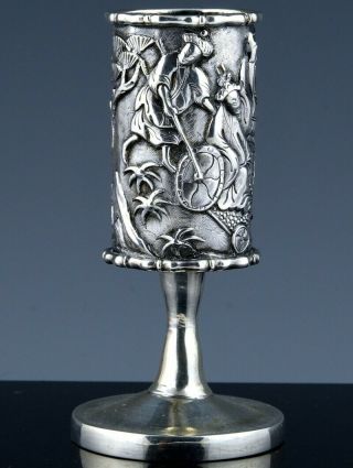 Very Fine 19thc Chinese Silver Imperial Figures Match Safe Vesta Holder Wine Cup