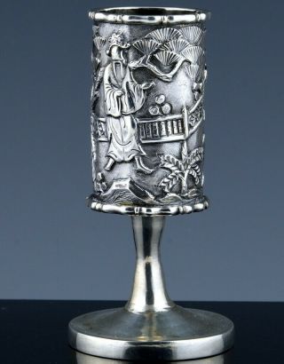 VERY FINE 19THC CHINESE SILVER IMPERIAL FIGURES MATCH SAFE VESTA HOLDER WINE CUP 3
