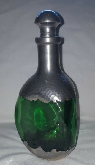 Vintage Royal Holland Daalderop Green Glass Pewter Decanter Bottle W/stopper