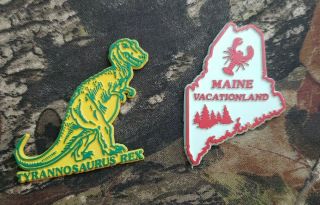 Vtg Maine Vacationland & Tyrannosaurus Rex Souvenir Tourist Refrigerator Magnet