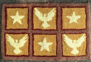 Vintage Hooked Rug Patriotic Eagles Stars 23 " X 36 " Cotton Wool Hand Made Folk